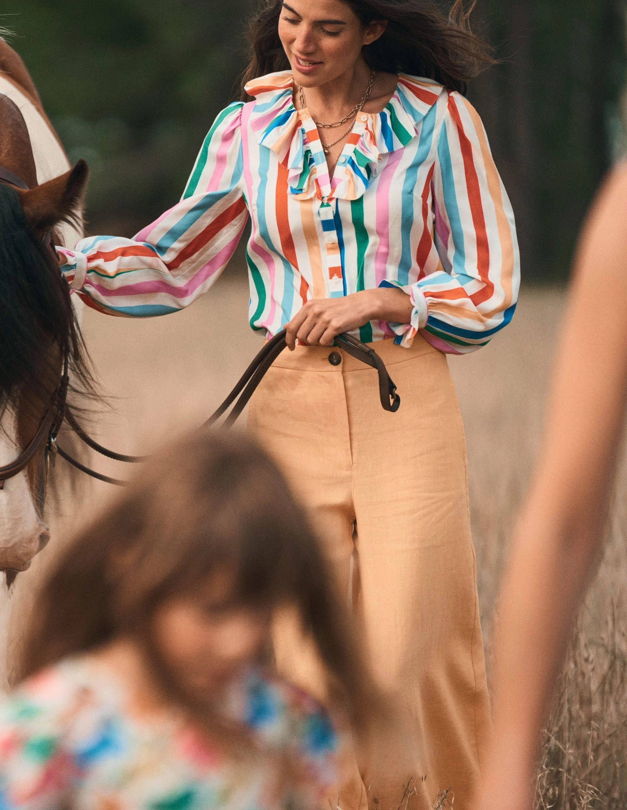 Ruffle Collar Silk Blend Top-Mauve, Strawberry Tart Rainbow PlacketDetail VersatileNeckline