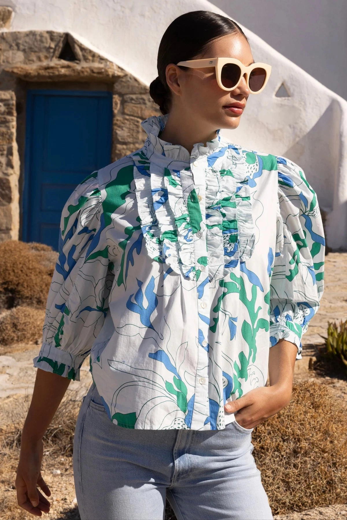 Ruffle Front Button Blouse in Green HypoallergenicConstruction