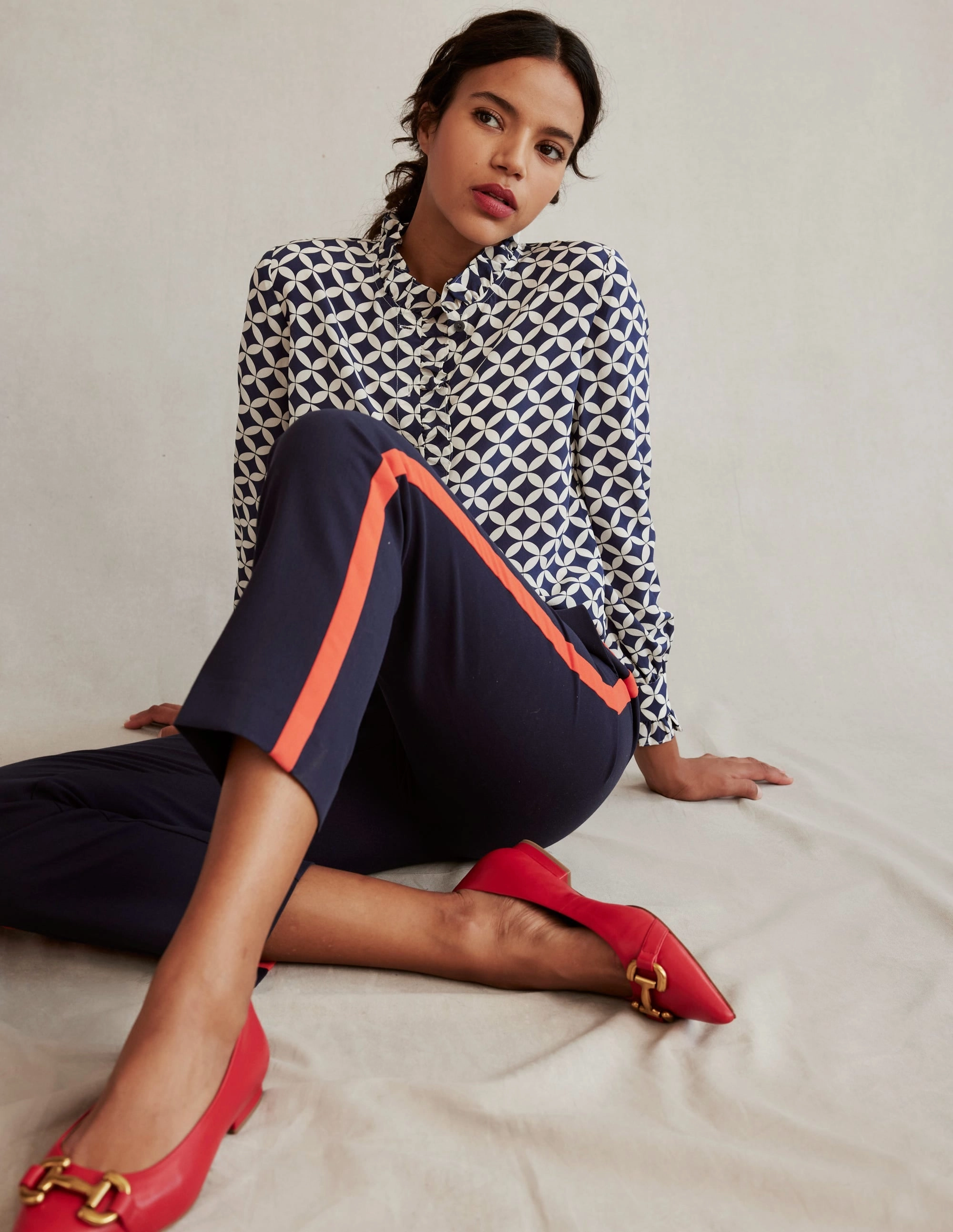 Ruffle Neck Silk Blouse-Navy, Diamond Terrace EcoDyeProcess QuickReleaseFastenings