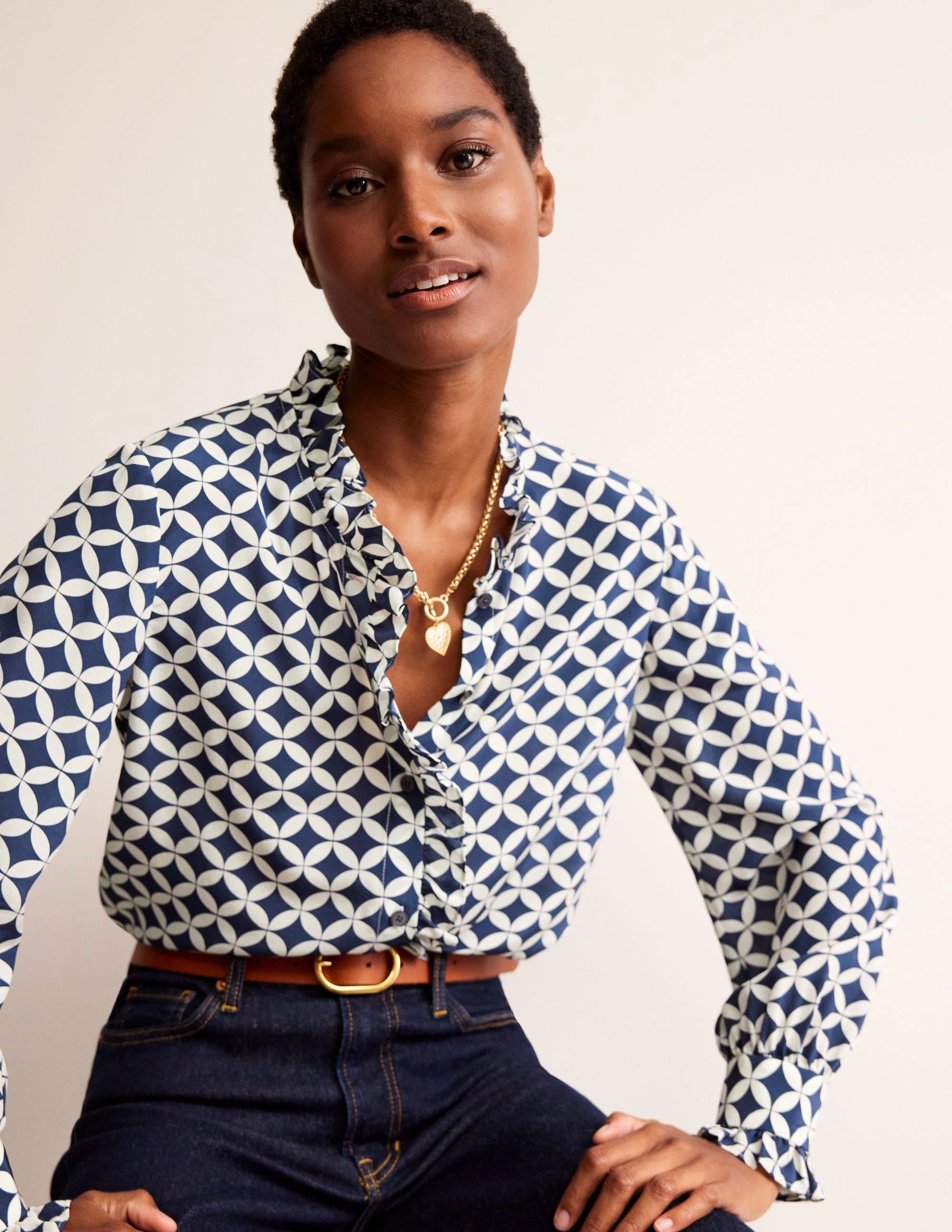 Ruffle Neck Silk Blouse-Navy, Diamond Terrace AntiPilling Technology