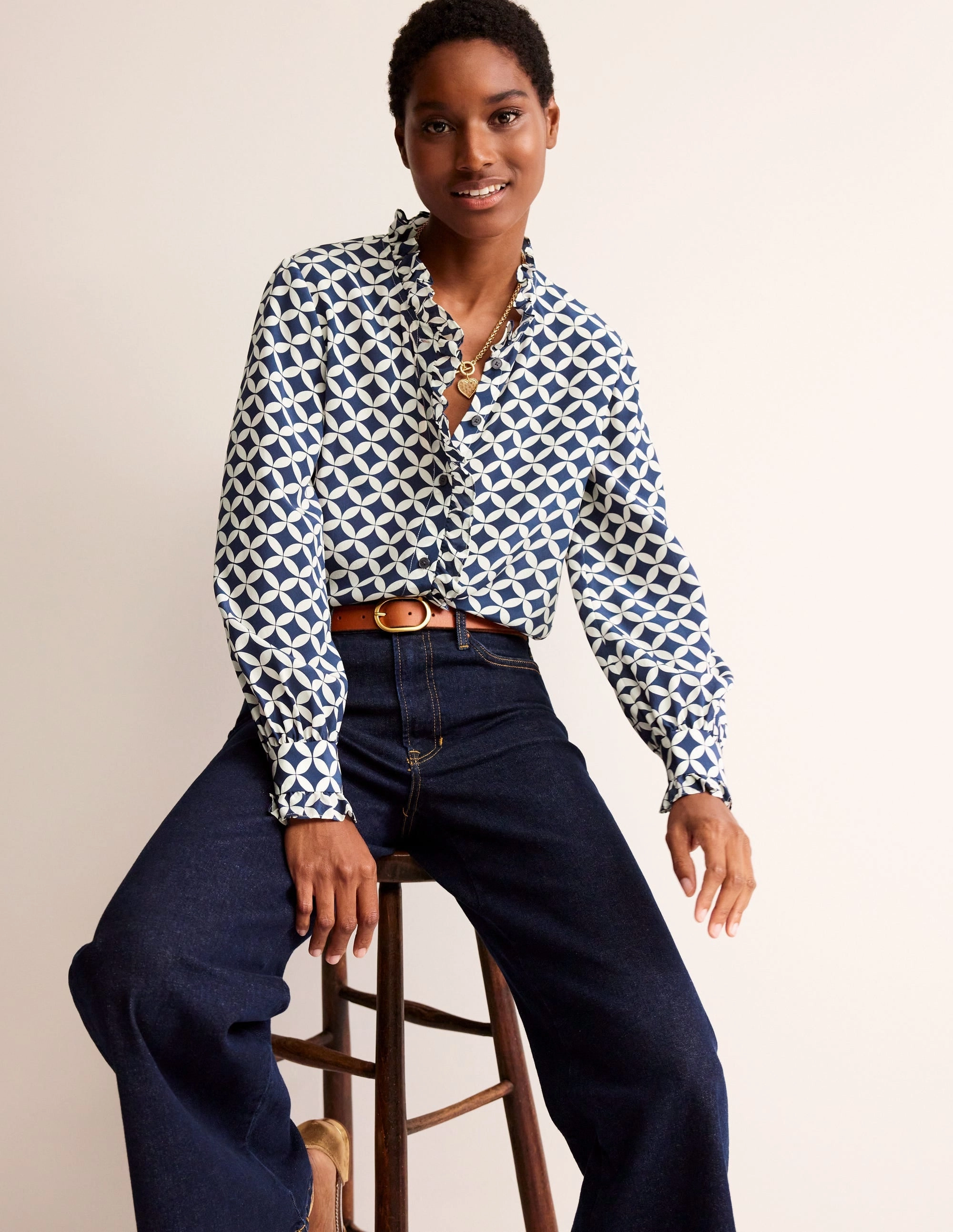 SlubTexture Ruffle Neck Silk Blouse-Navy, Diamond Terrace