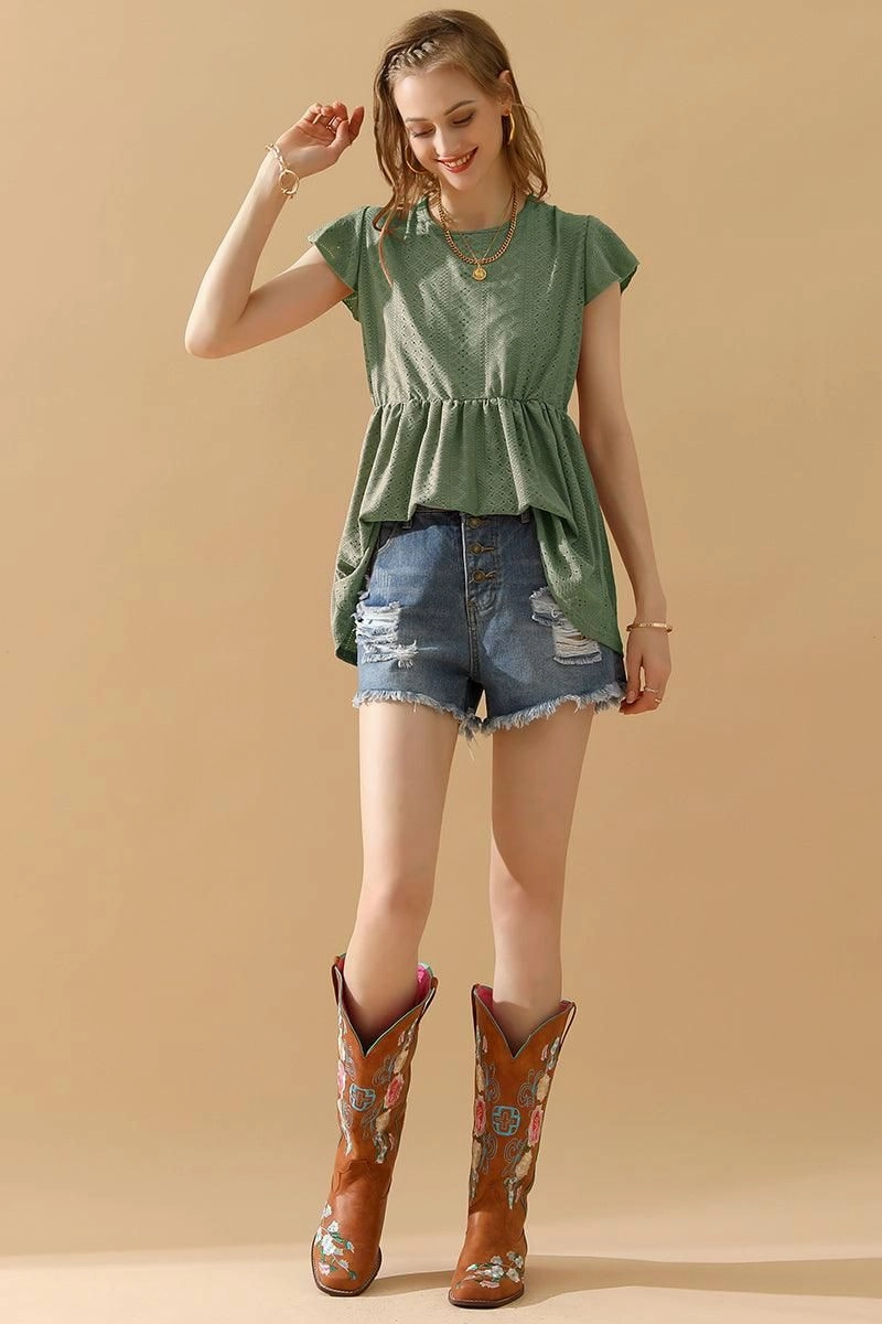 Daily Wear RUFFLED ELASTIC WAIST PUNCHING LACE TEE
