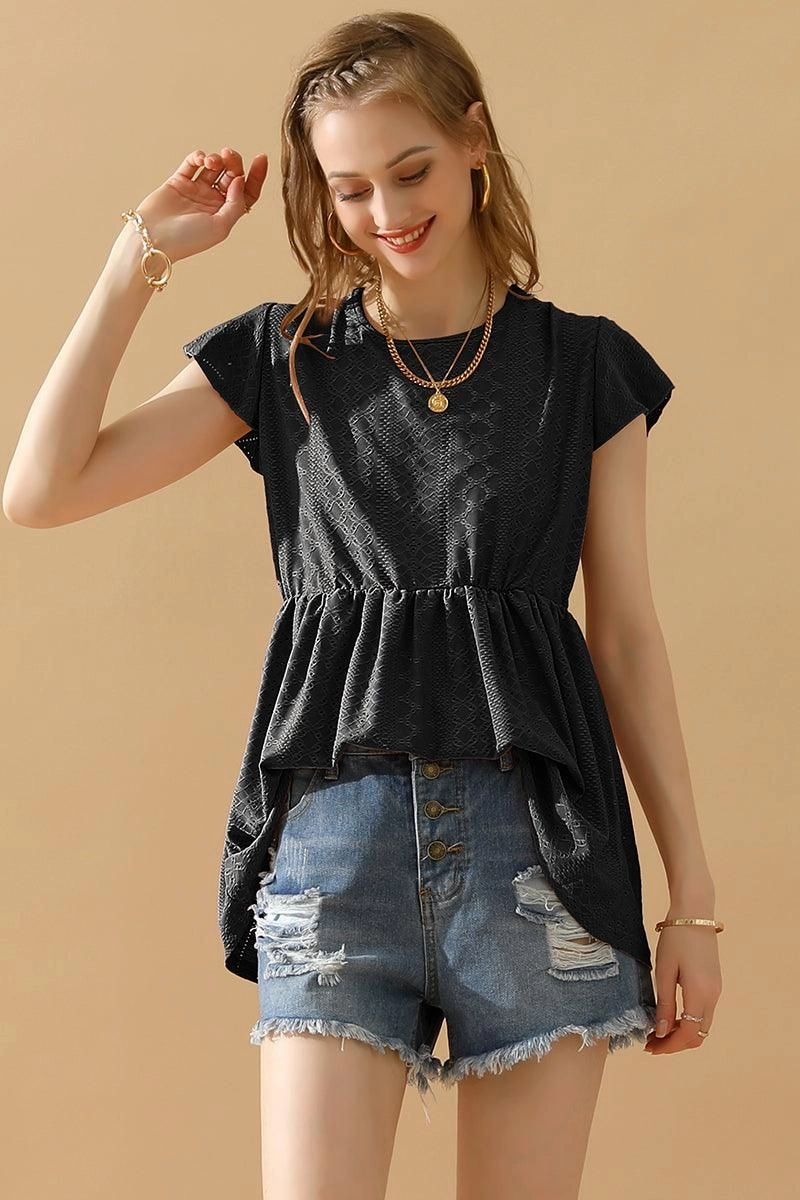 ZipperedPockets All Over Print Technique RUFFLED ELASTIC WAIST PUNCHING LACE TEE