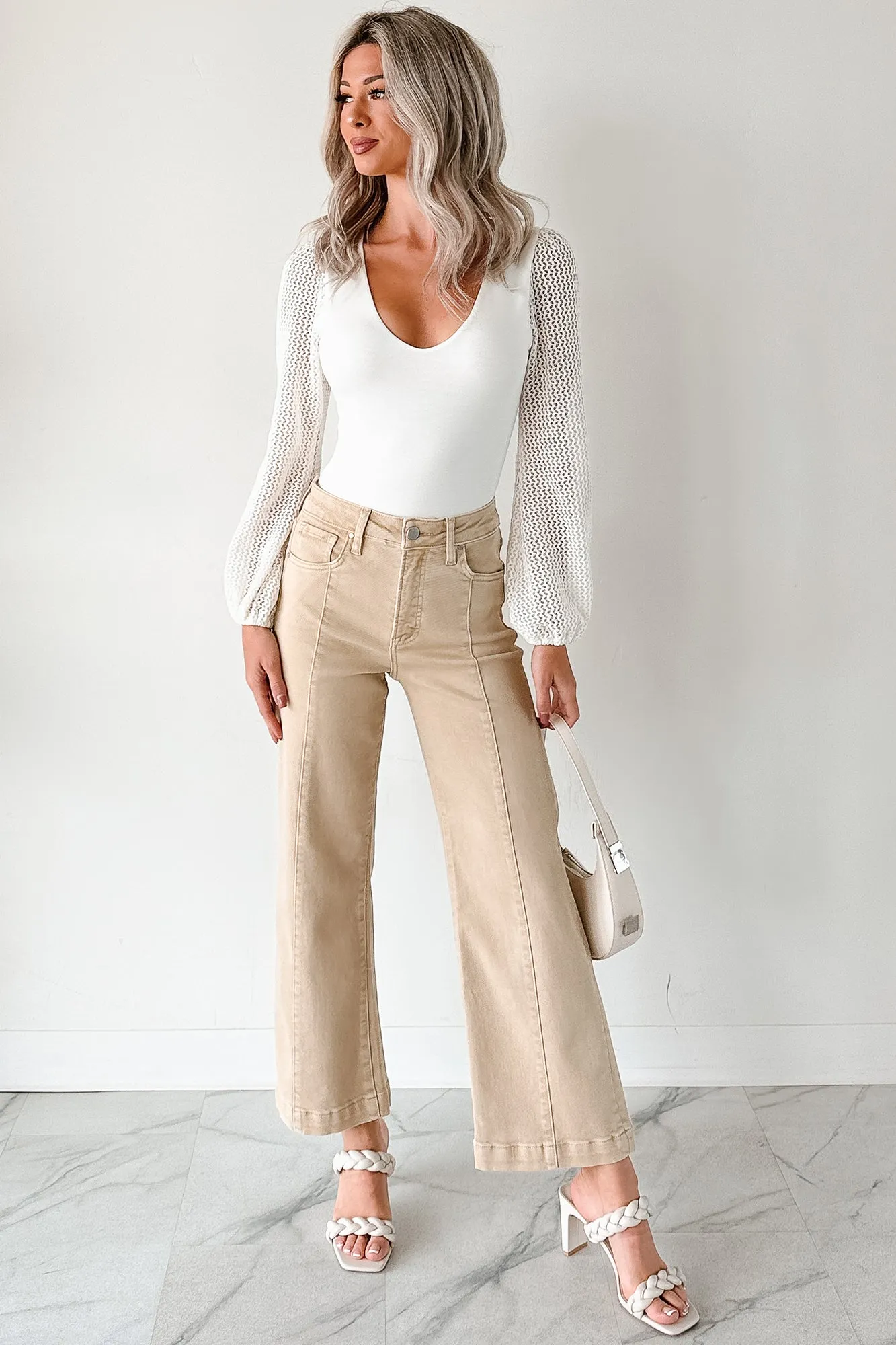 Maizie Tummy Control Wide Leg Cropped Risen Jeans (Latte) Permanent Crease Retention Subtle Detail