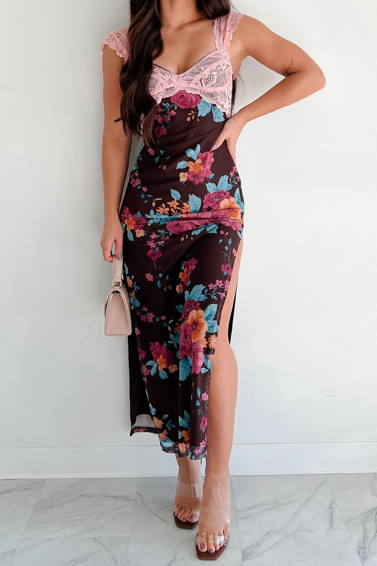 Saccharine Sweet Lace Detail Floral Mesh Maxi Dress (Mauve/Brown) Winter Proof Pure Comfort