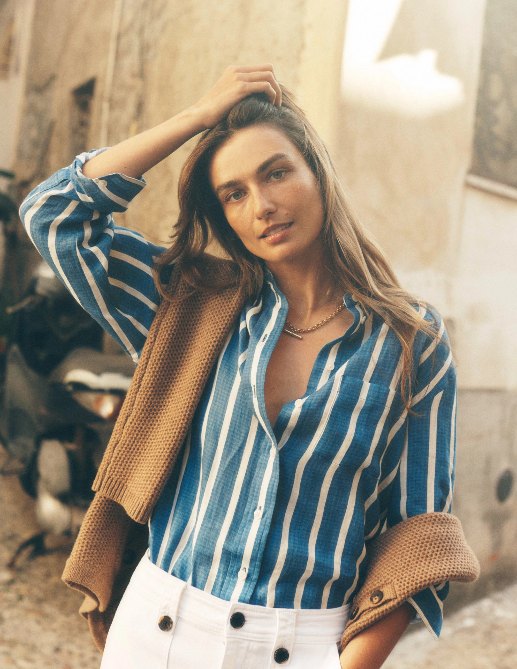 Sadie Relaxed Linen Shirt-Bright Blue Woven Breton BreathableFabric Durable Reinforced Shoulders