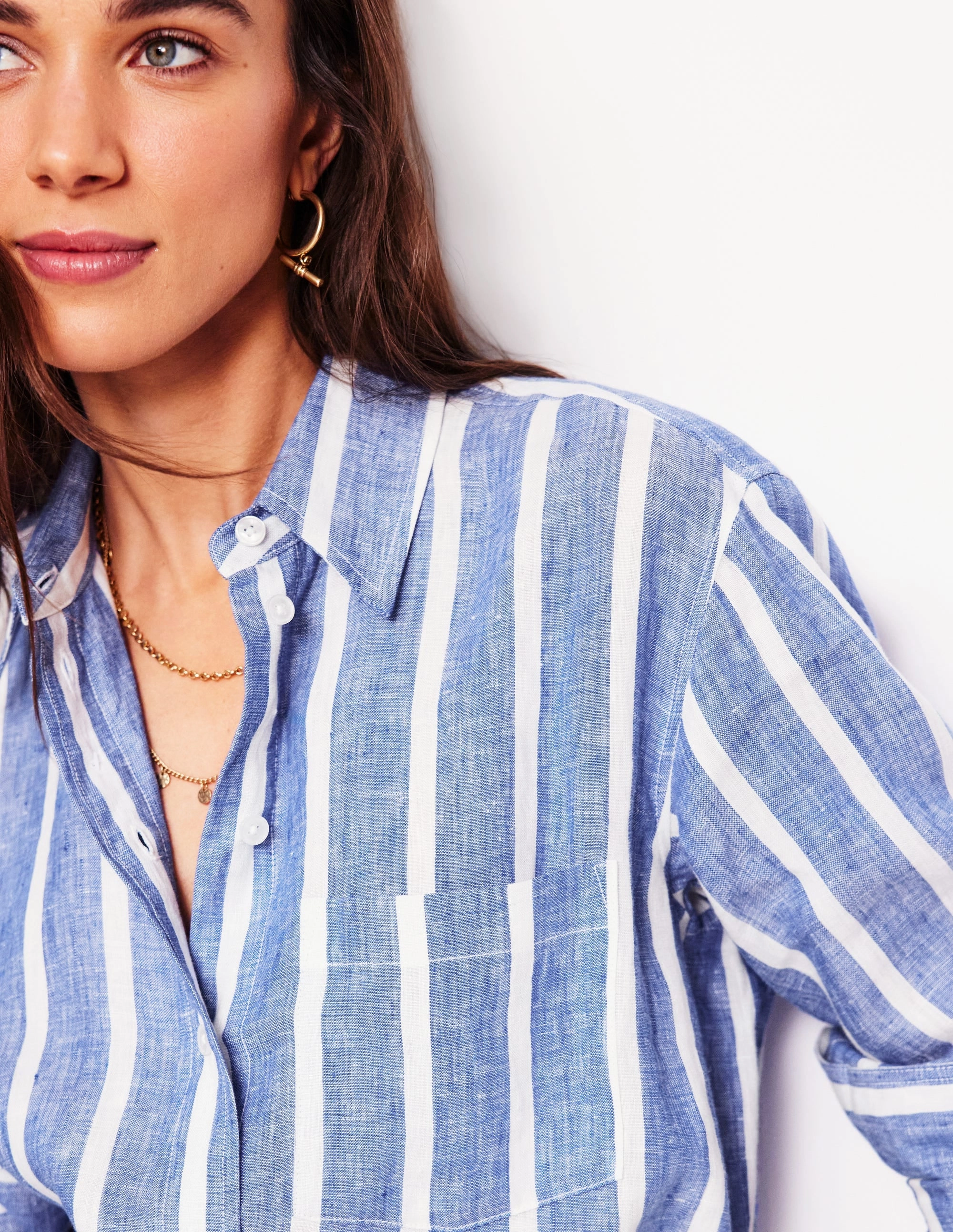 Sadie Relaxed Linen Shirt-Bright Blue Woven Breton Relaxed Crew Neck Opening