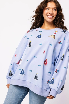 AthleisureInspired Sailboat Icon Sweatshirt in Dusty Blue