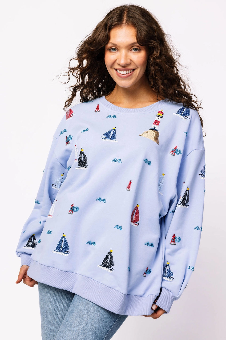Sailboat Icon Sweatshirt in Dusty Blue Lightweight Fabric Vintage Pullover