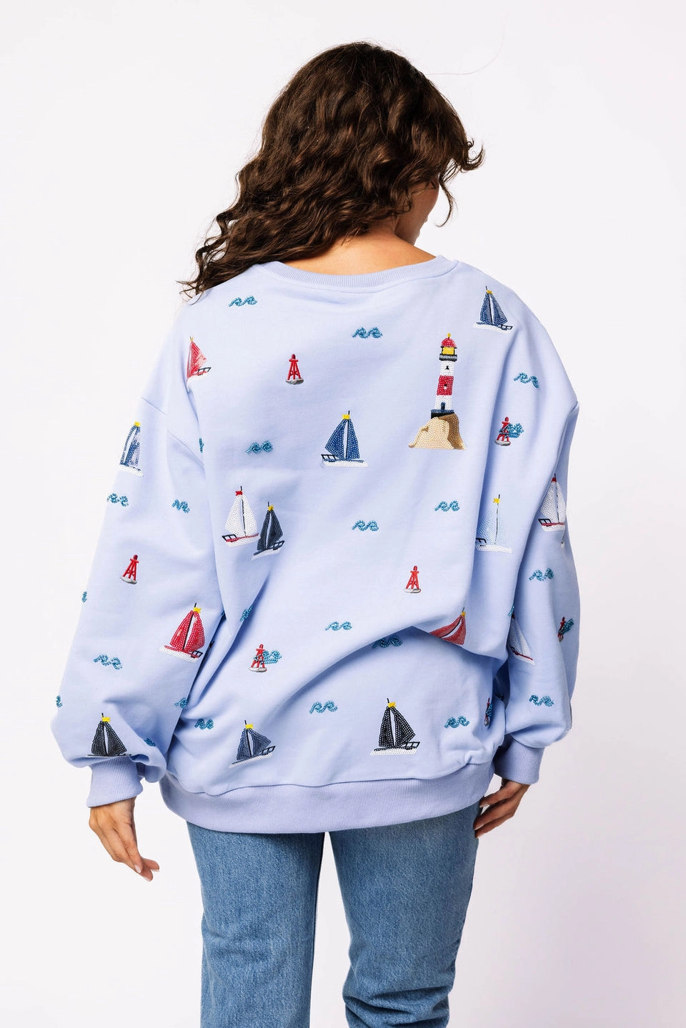 Anti Static Treatment Sailboat Icon Sweatshirt in Dusty Blue