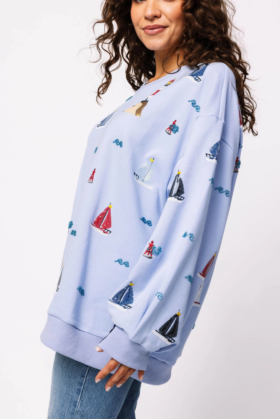 CompressionSupportWeave Button Down Collar Sailboat Icon Sweatshirt in Dusty Blue