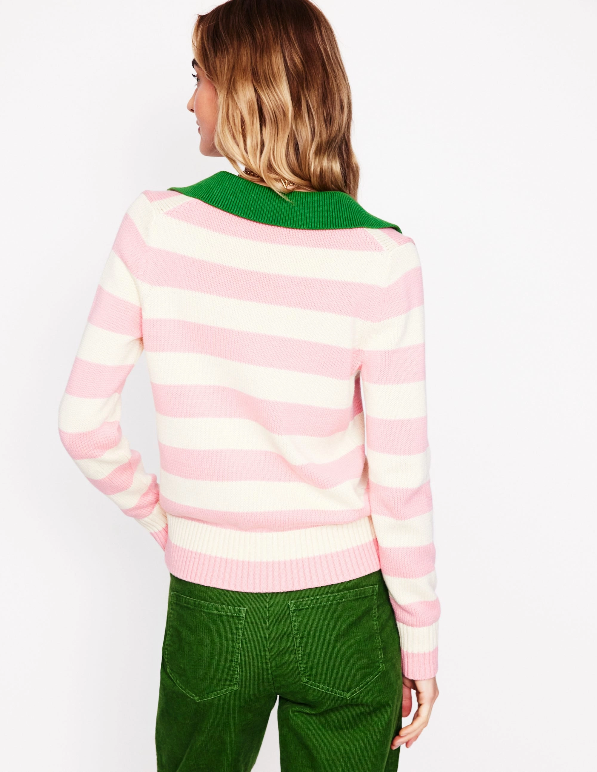 Ribbed Collar Design Sasha Cotton Striped Henley-Quartz Pink and Ivory Stripe