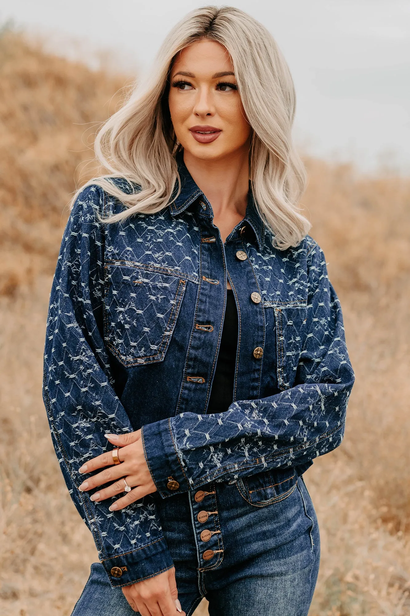 Relaxed Dress Midweight Four Way Stretch Say Less Do More Patterned Denim Jacket (Dark)