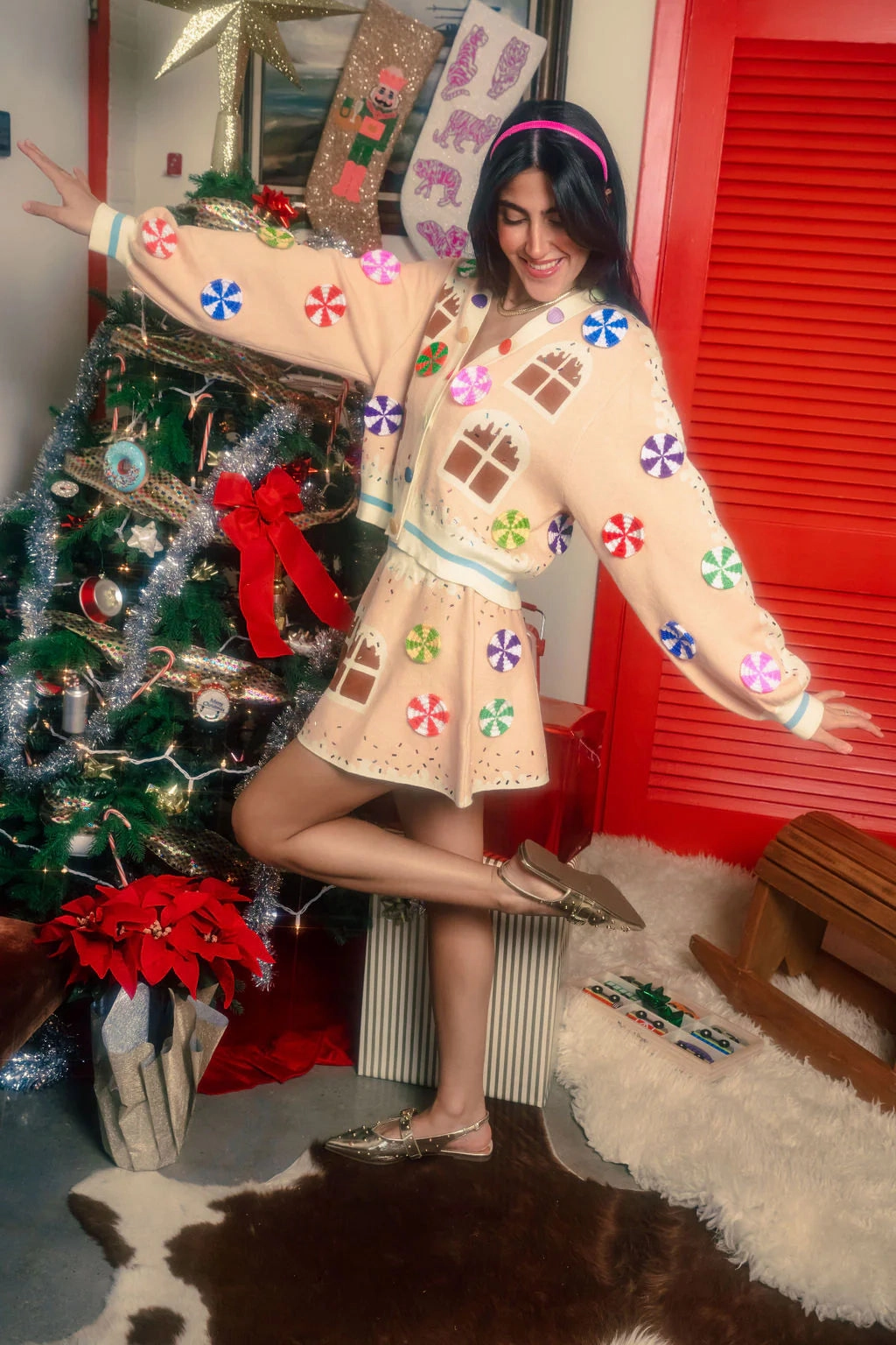 Multi Directional Zipper Placement Reversible Layering Tech Entire Gingerbread House Cardigan in Tan