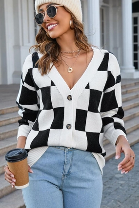 QuickDrying NonFadeFinish BUFFALO PLAID BUTTON CLOSURE V NECK CARDIGAN