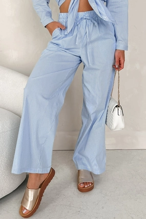 Double Layered Fabric Casual Style Seaside Summer Striped Wide Leg Pants (Blue Stripe)