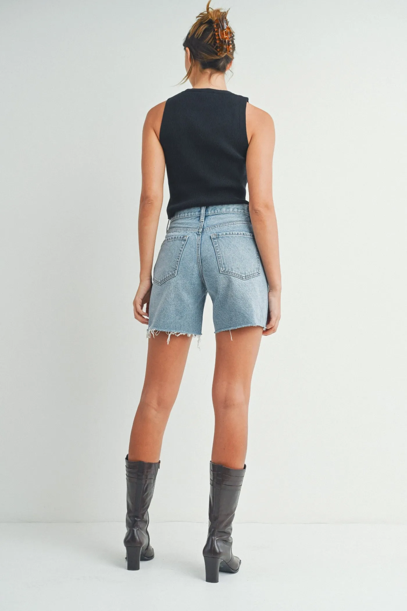 SELENA SLIGHTLY DISTRESSED DENIM SHORTS Quick Release Buckle