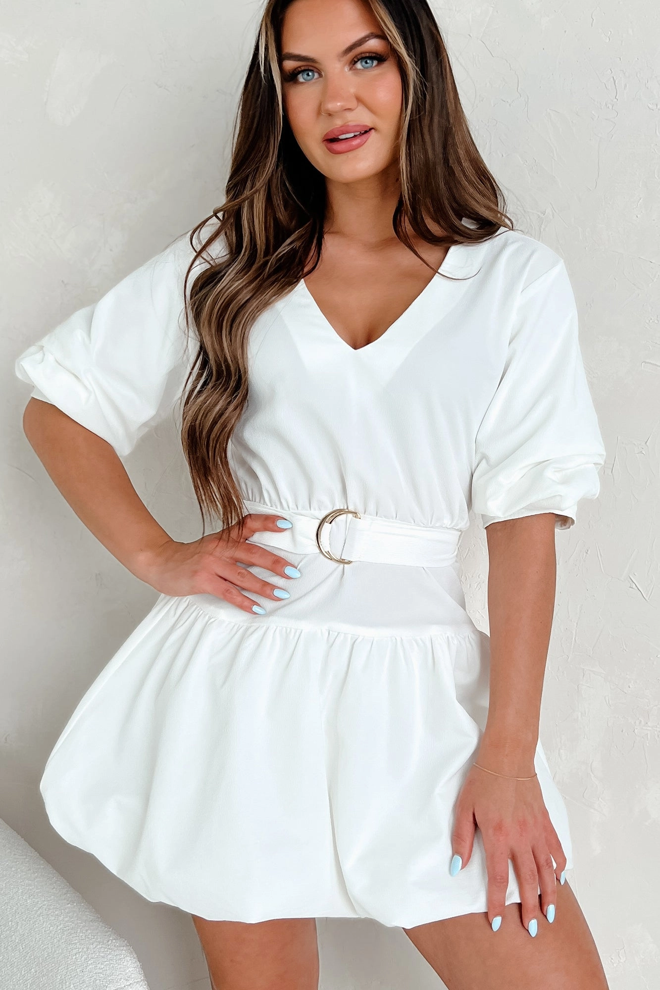 Tracy Belted Bubble Hem Mini Dress (Off White) Quiet Glow