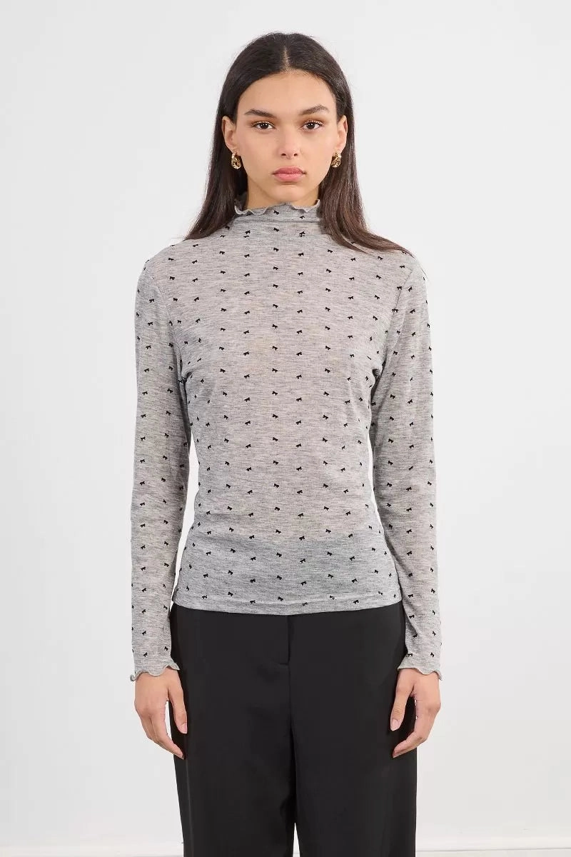Reinforced Hems Semi-Sheer Bow Mock Neck Top in Dark Grey