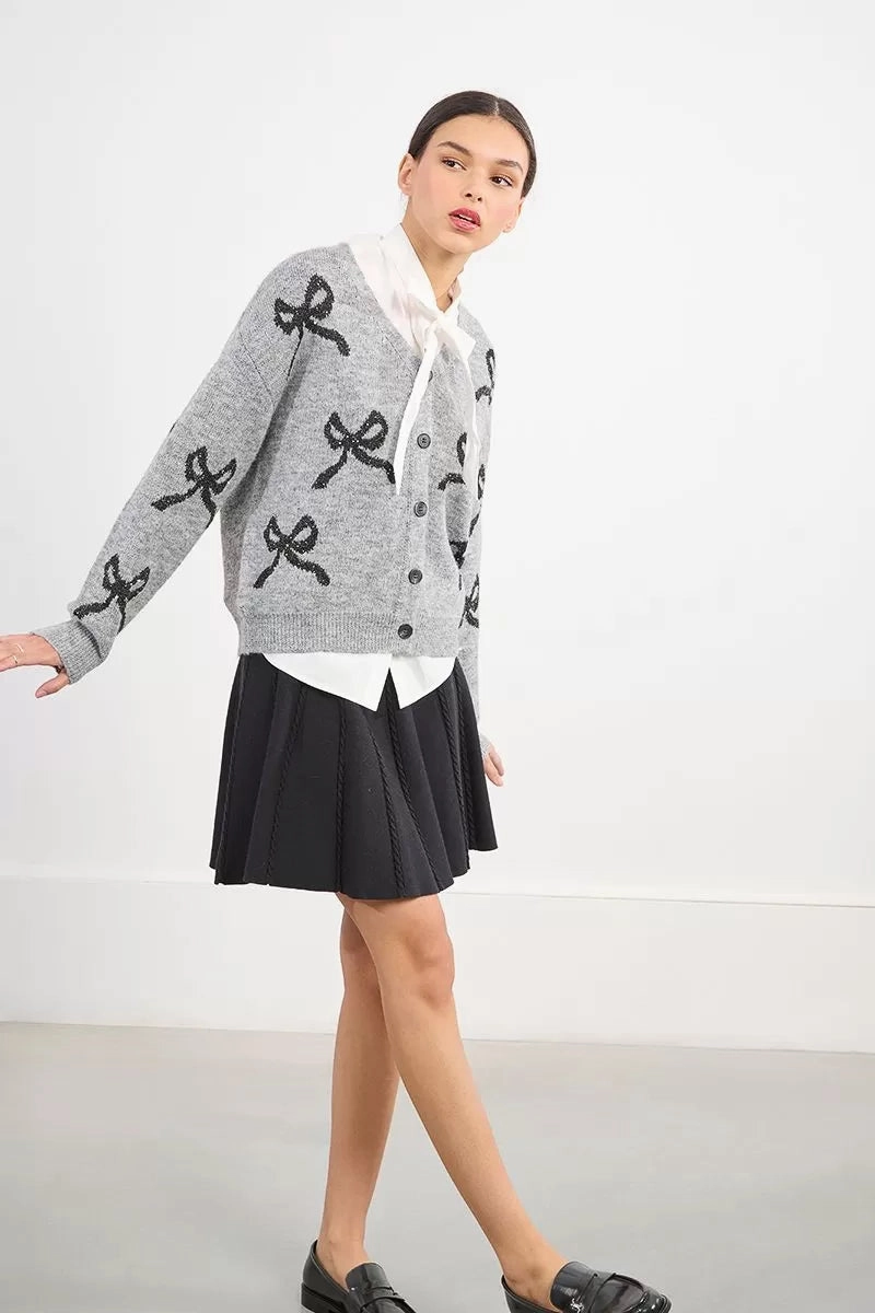 Sequin Bow Cardigan Sweater in Ash Dark Grey 3D Spacer Fabric