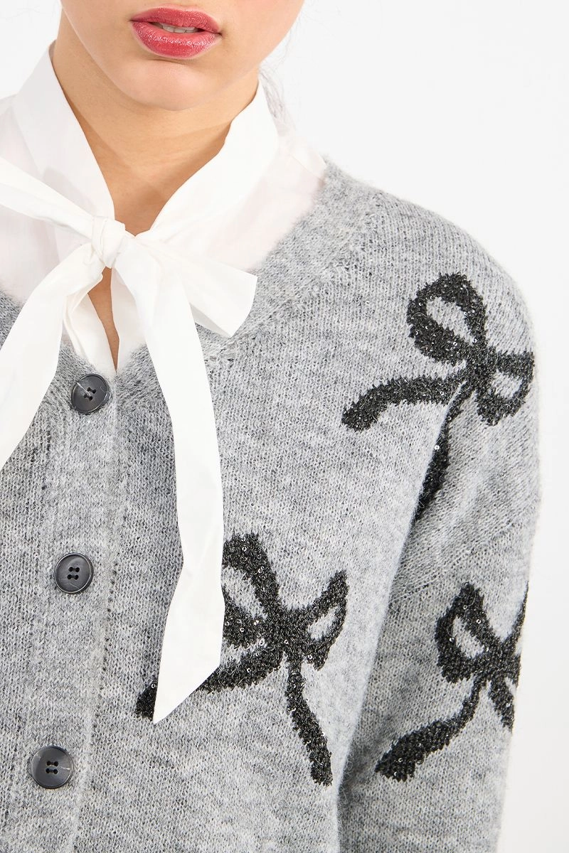 Lightweight Material Sequin Bow Cardigan Sweater in Ash Dark Grey