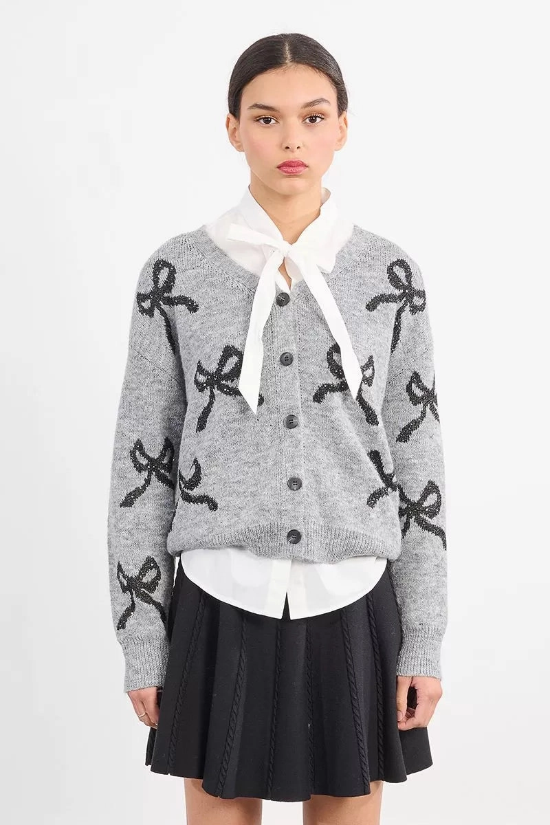 Sequin Bow Cardigan Sweater in Ash Dark Grey HoodedVersion