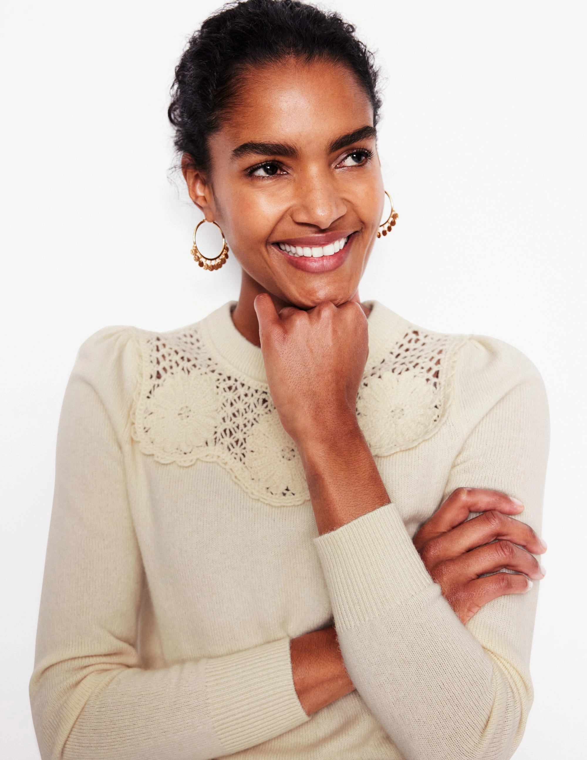 Flower Motif Jumper-Warm Ivory Melange WaterRepellent Finish Relax Daily