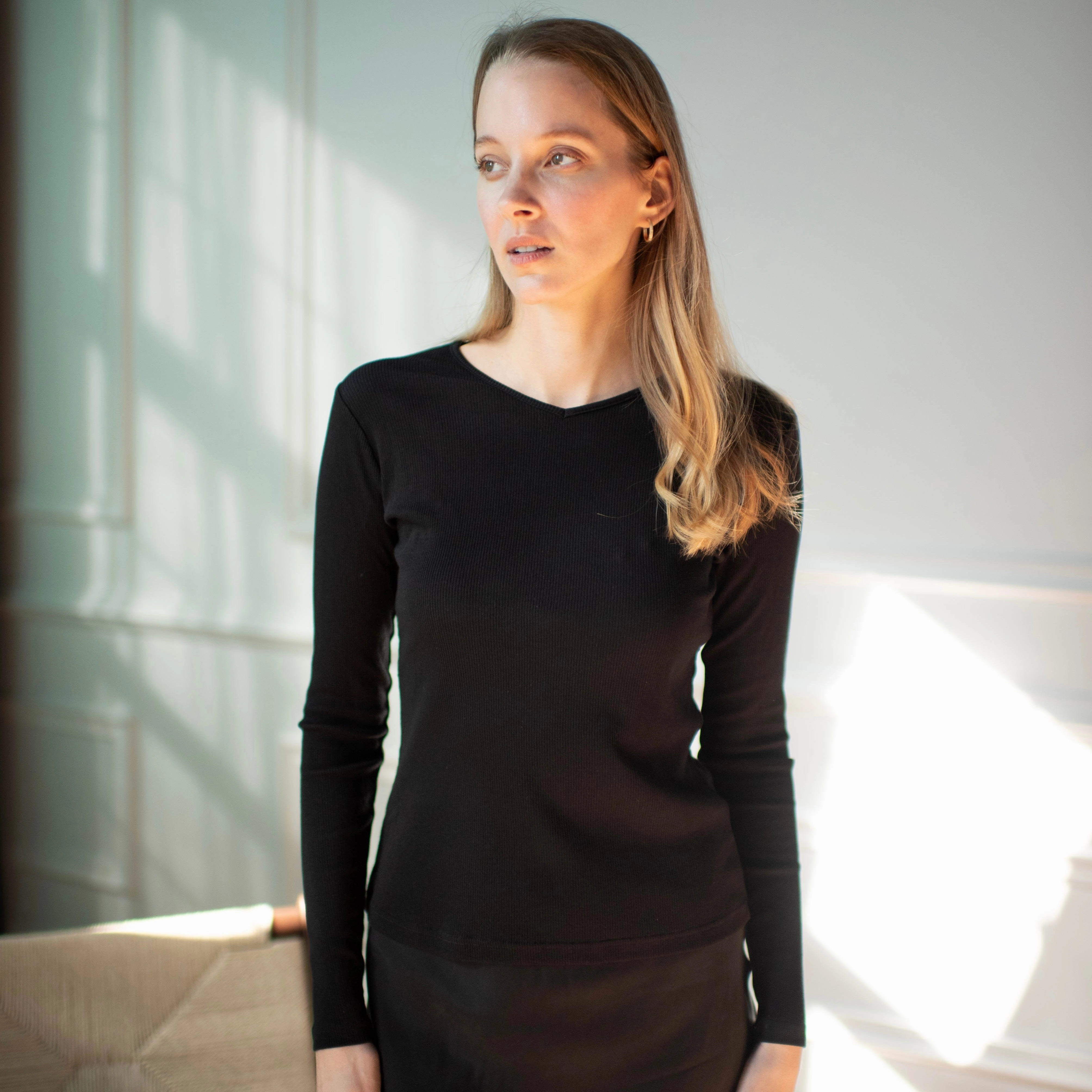 Ribbed V-neck Tee | Black Layered Panel Design