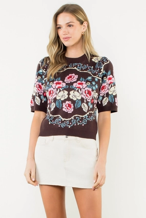 Short Sleeve Flower Knit Sweater in Brown MeshVentilation Reinforced Neckline