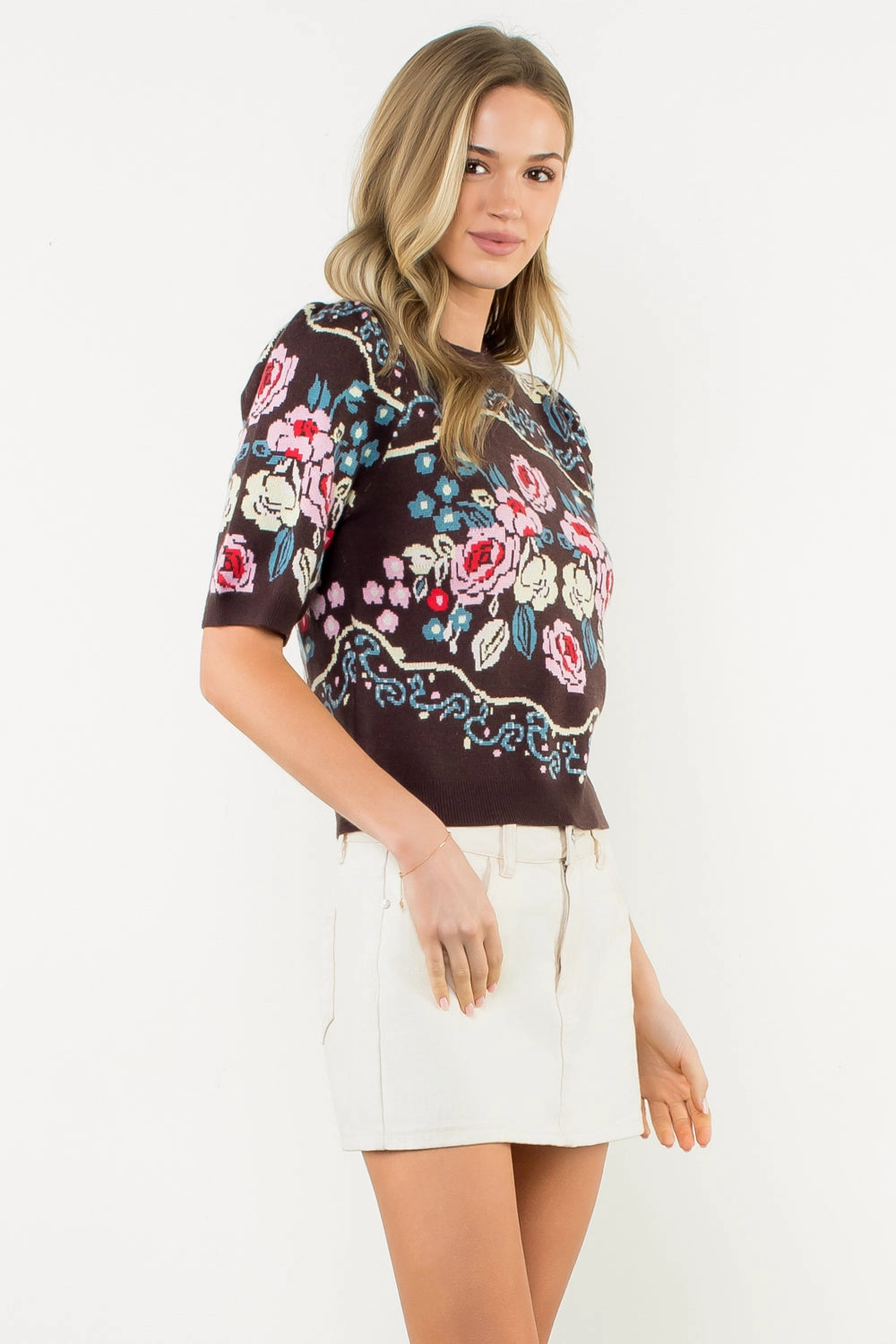 Short Sleeve Flower Knit Sweater in Brown UltraSoft Blend