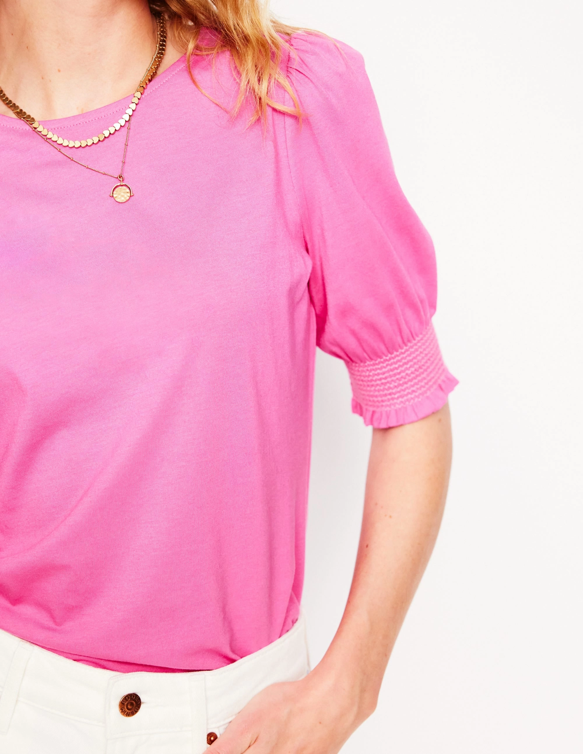 QuickRelease Fastener Non Restrictive Collar Short Sleeve Smocked Cuff Top-Tickled Pink