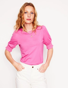 Short Sleeve Smocked Cuff Top-Tickled Pink MultiPanelBreathability MoistureWicking