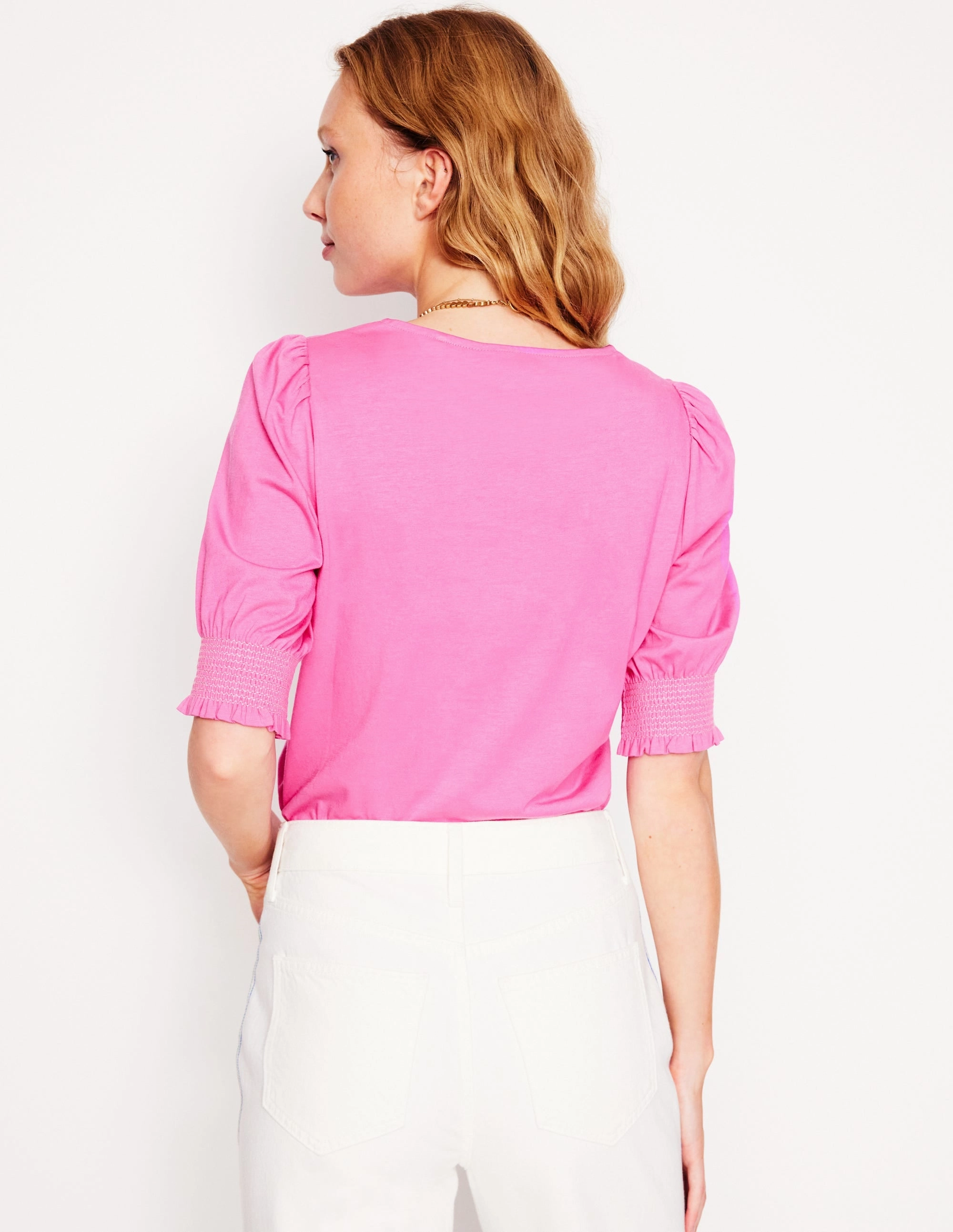 Short Sleeve Smocked Cuff Top-Tickled Pink ErgonomicShape Bound Seam Finish