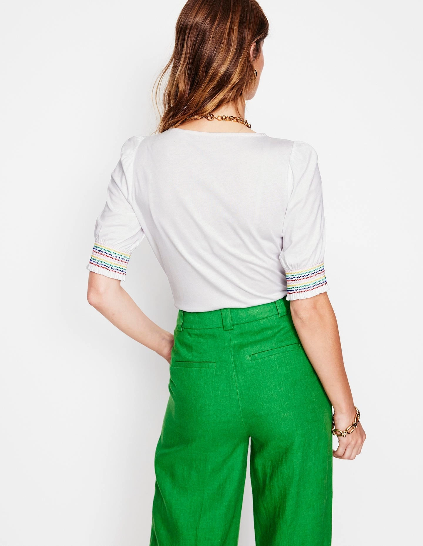 Abrasion Resistant Surface Short Sleeve Smocked Cuff Top-White