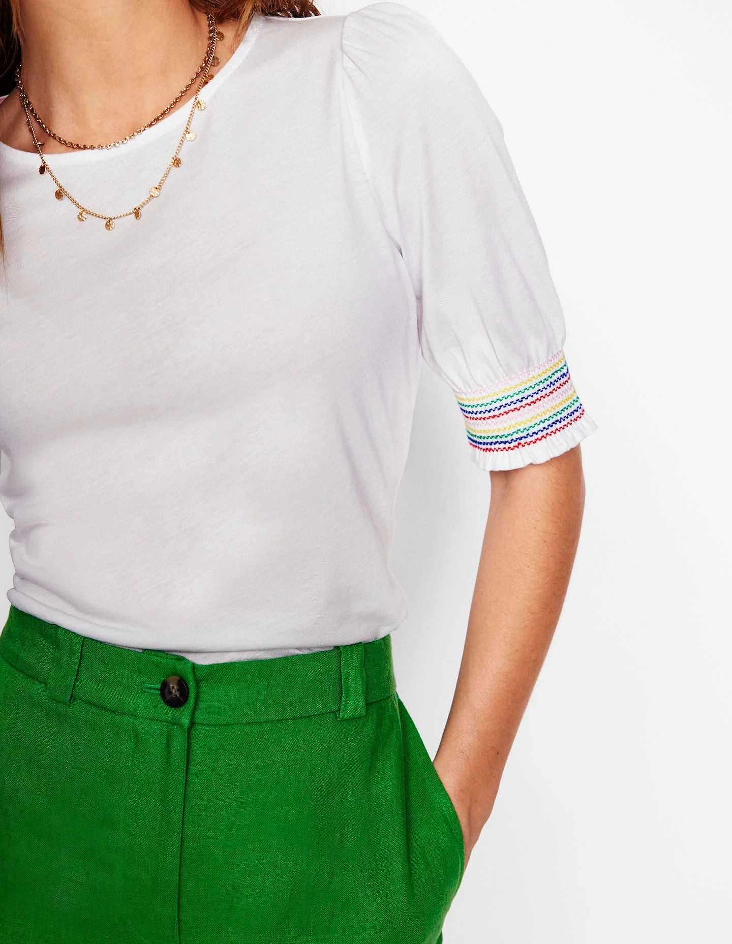 Thermoregulating Fabric LowMaintenanceMaterial Short Sleeve Smocked Cuff Top-White