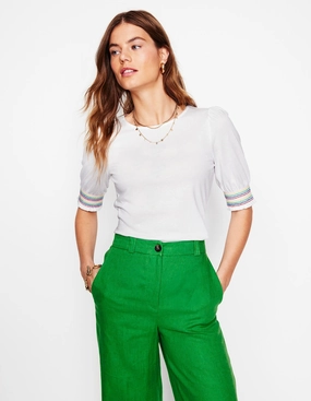 Short Sleeve Smocked Cuff Top-White BreathableMeshInsert Cozy Cardigan