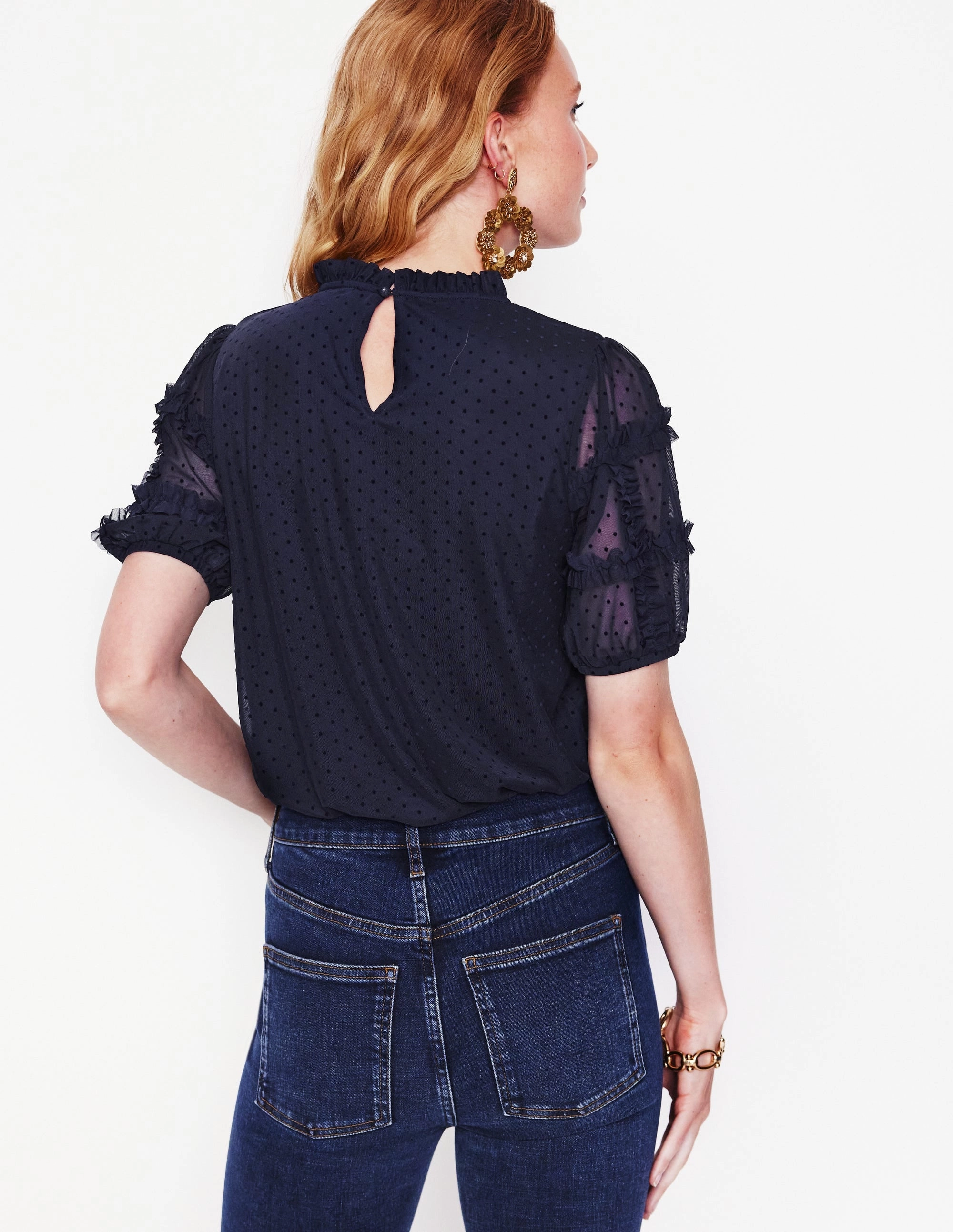 RibbedTexture WrinkleFree Fabric Short-Sleeve Spotty Tulle Top-Midnight Blue