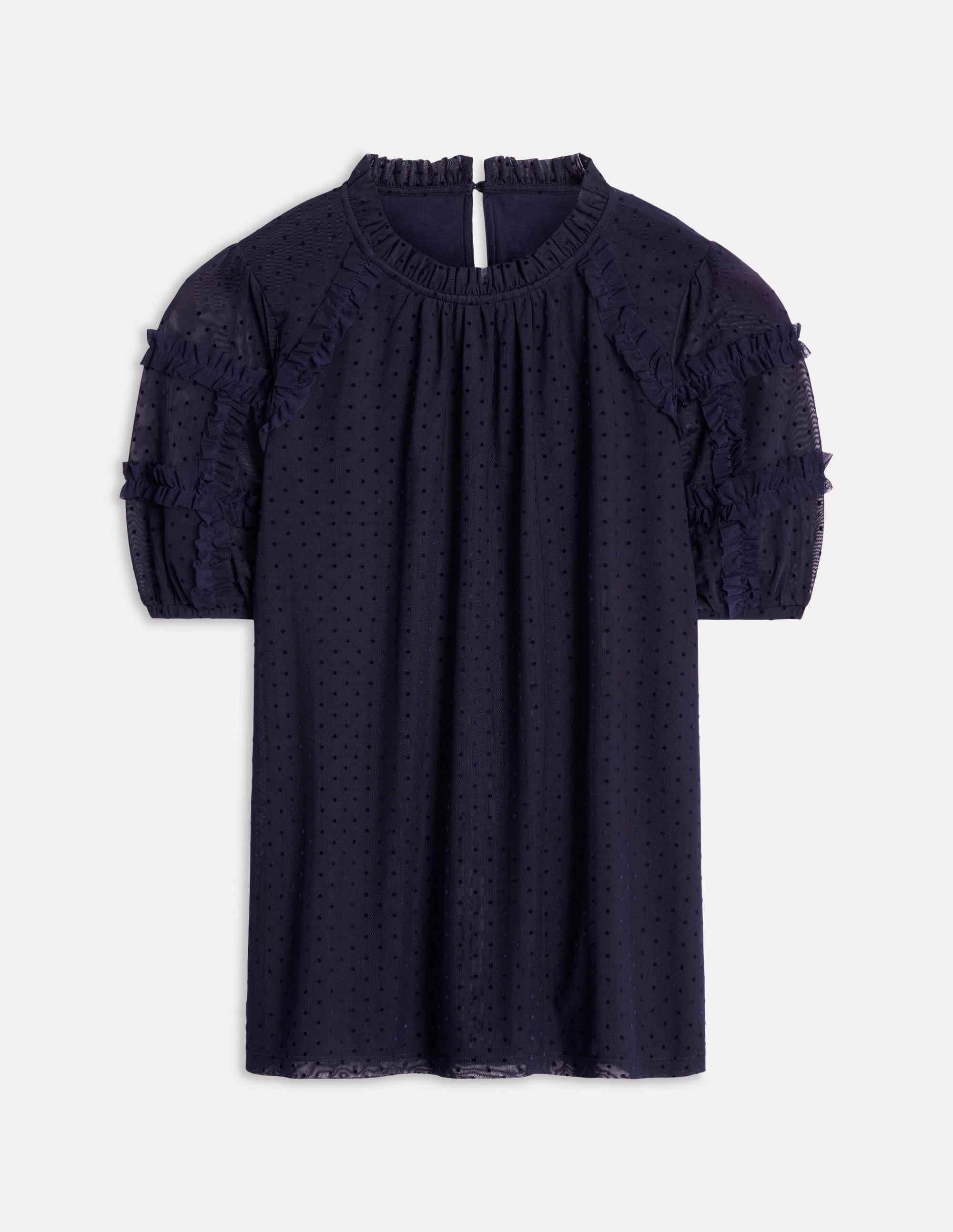 Short-Sleeve Spotty Tulle Top-Midnight Blue Lightweight Design VentilatedMeshPaneling