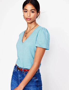 Sport Top Short Sleeve V Neck T-shirt-Denim Blue, Wildflower Bouquet