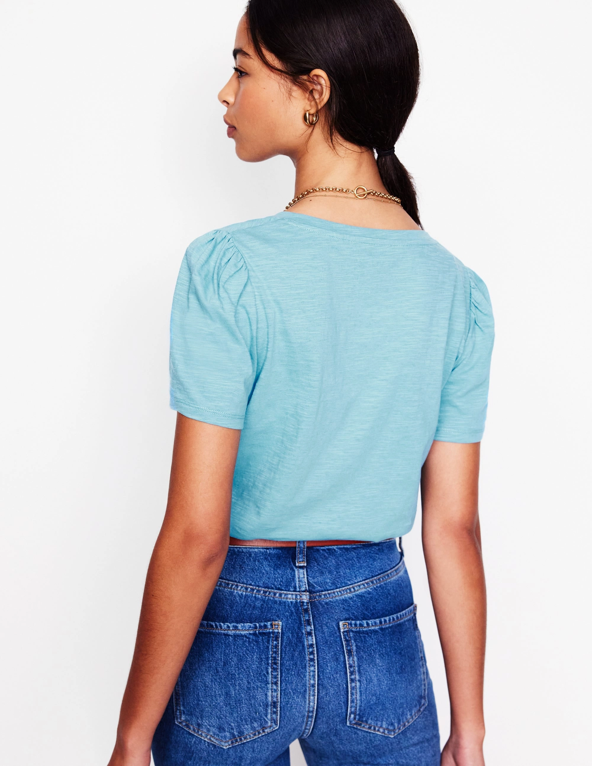 AdaptiveFitFabric WaffleWeave Short Sleeve V Neck T-shirt-Denim Blue, Wildflower Bouquet