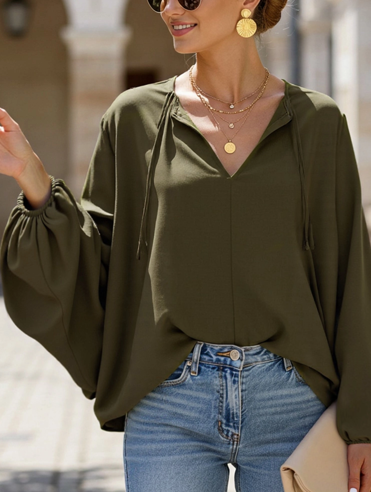 Short V-Neck Lace-Up Casual Top for Women Comfortable Layer