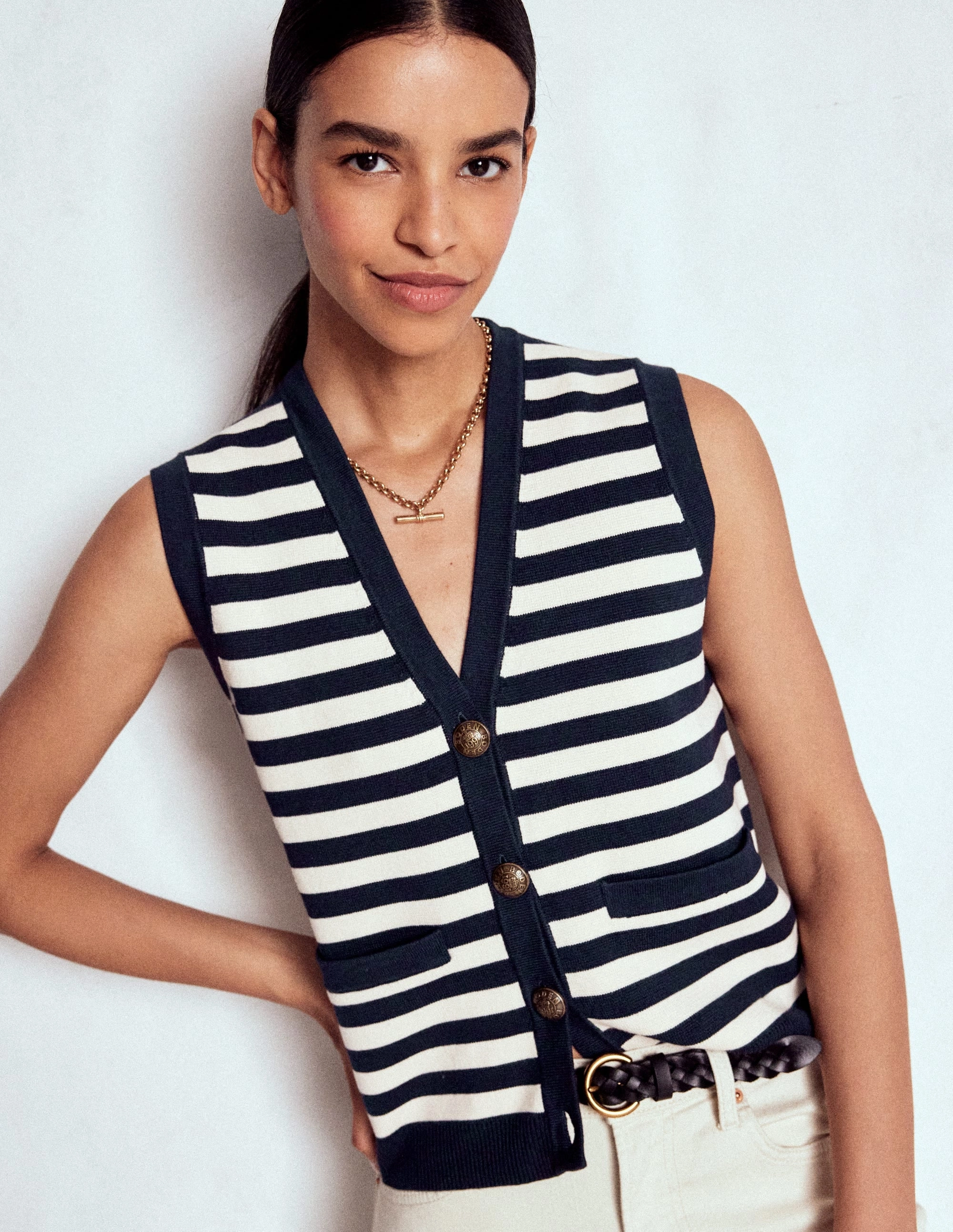 Holly Knitted Waistcoat-Navy and Ivory Stripe WrinkleResistant Chill Weather