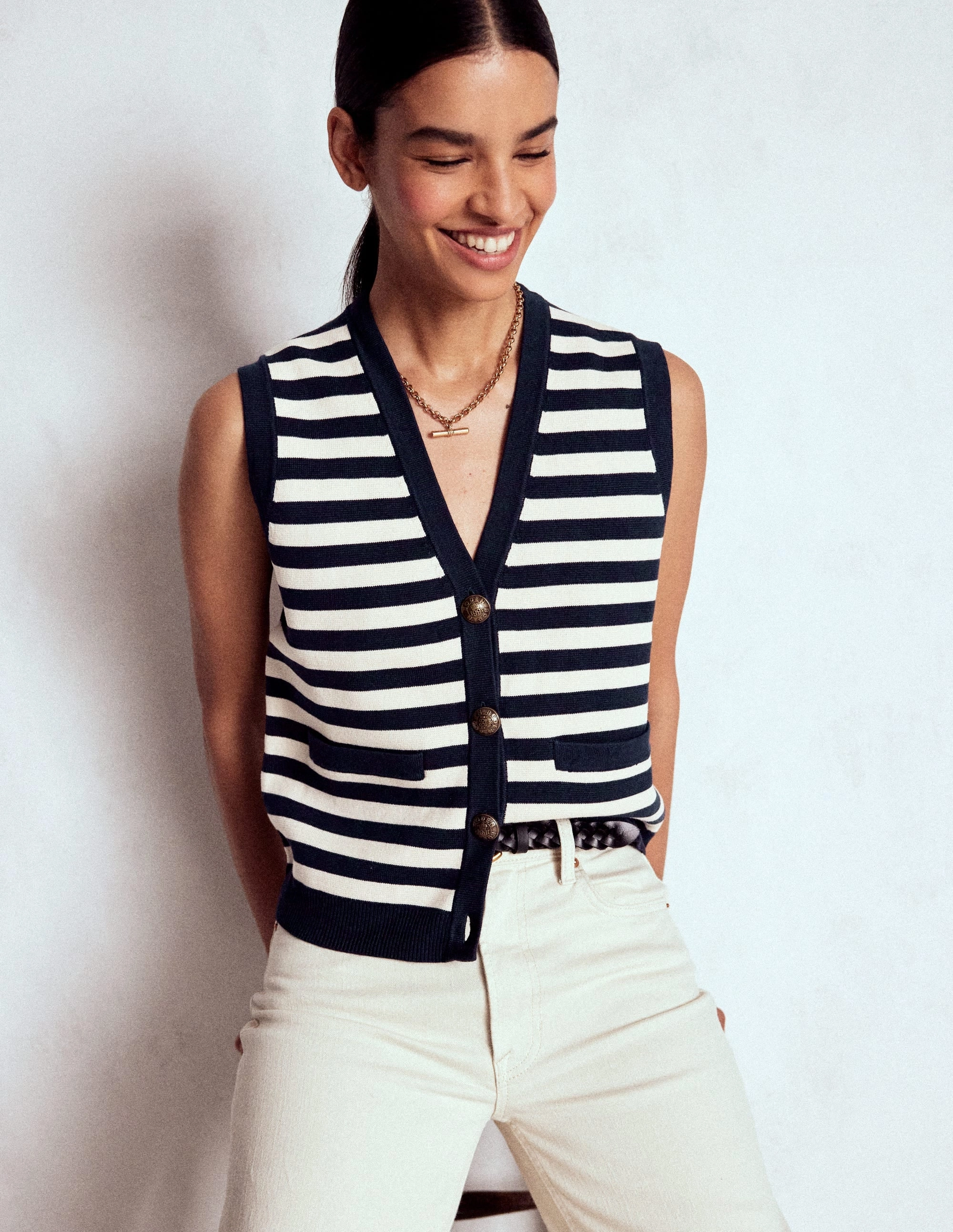 Holly Knitted Waistcoat-Navy and Ivory Stripe Seamless Stitch Construction