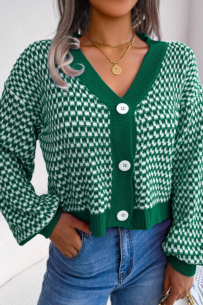 WOMEN PATCHWORK KNIT BIG BUTTON DOWN CARDIGAN Snag Resistant Surface