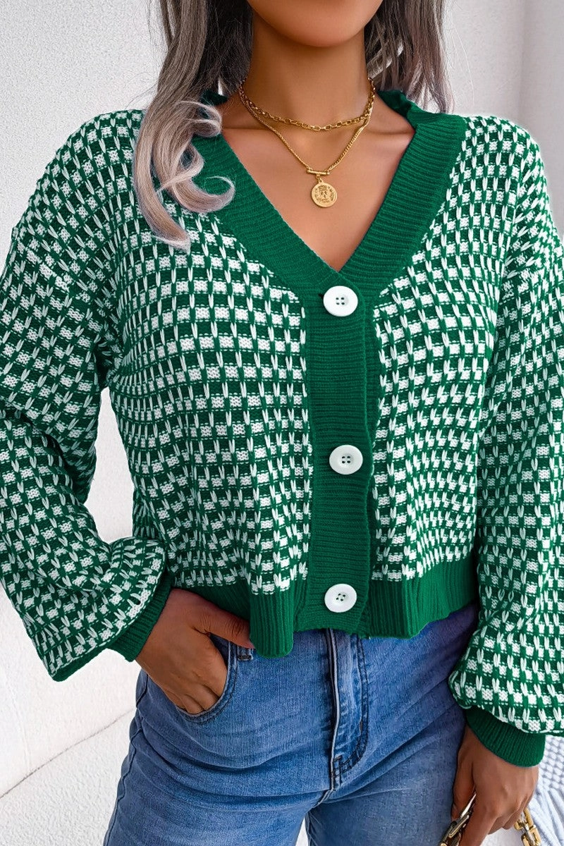 WOMEN PATCHWORK KNIT BIG BUTTON DOWN CARDIGAN Layered Panel Design GarmentDyed