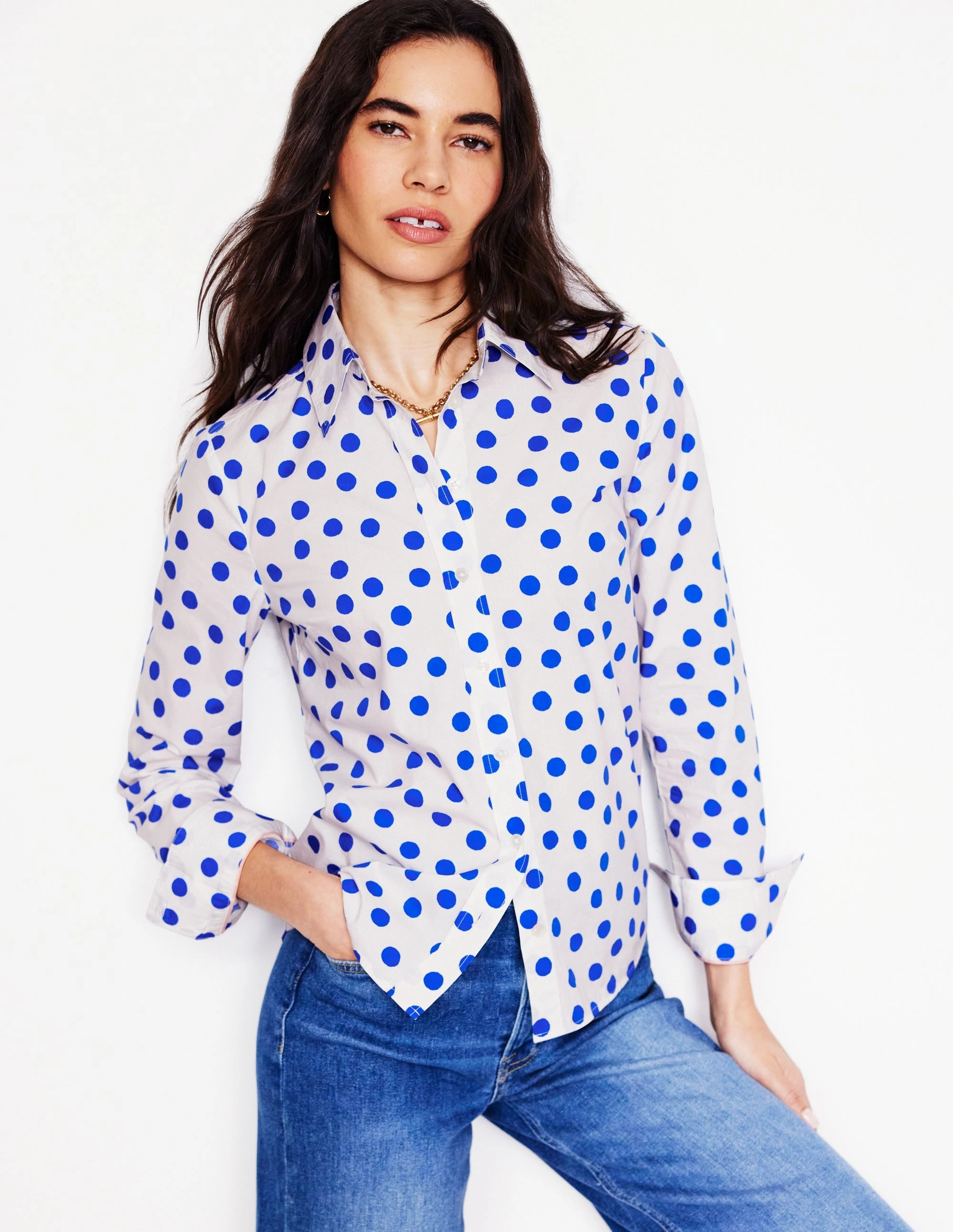 Summer Sweater Sienna Cotton Shirt-Ivory, Blue Abstract Dot