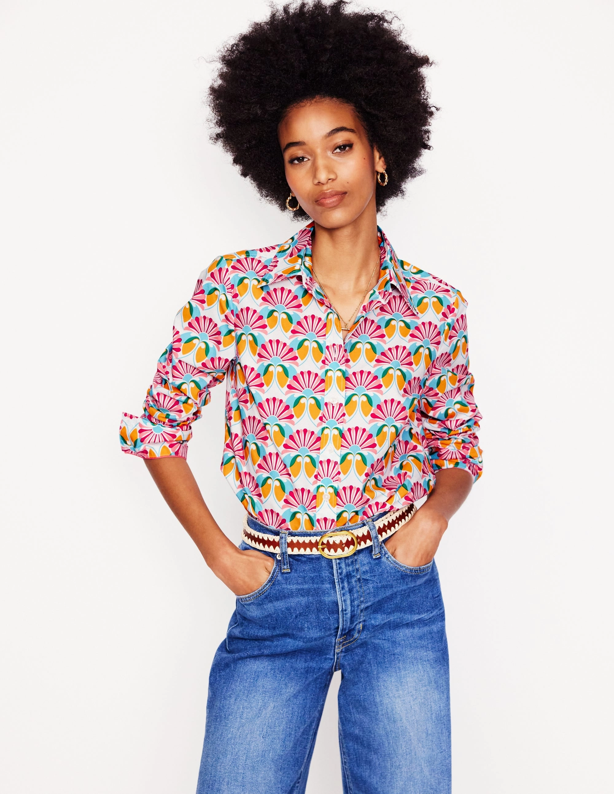 Sienna Cotton Shirt-Ivory, Daisy Bloom Geo VersatileLayering CollapsibleFrame