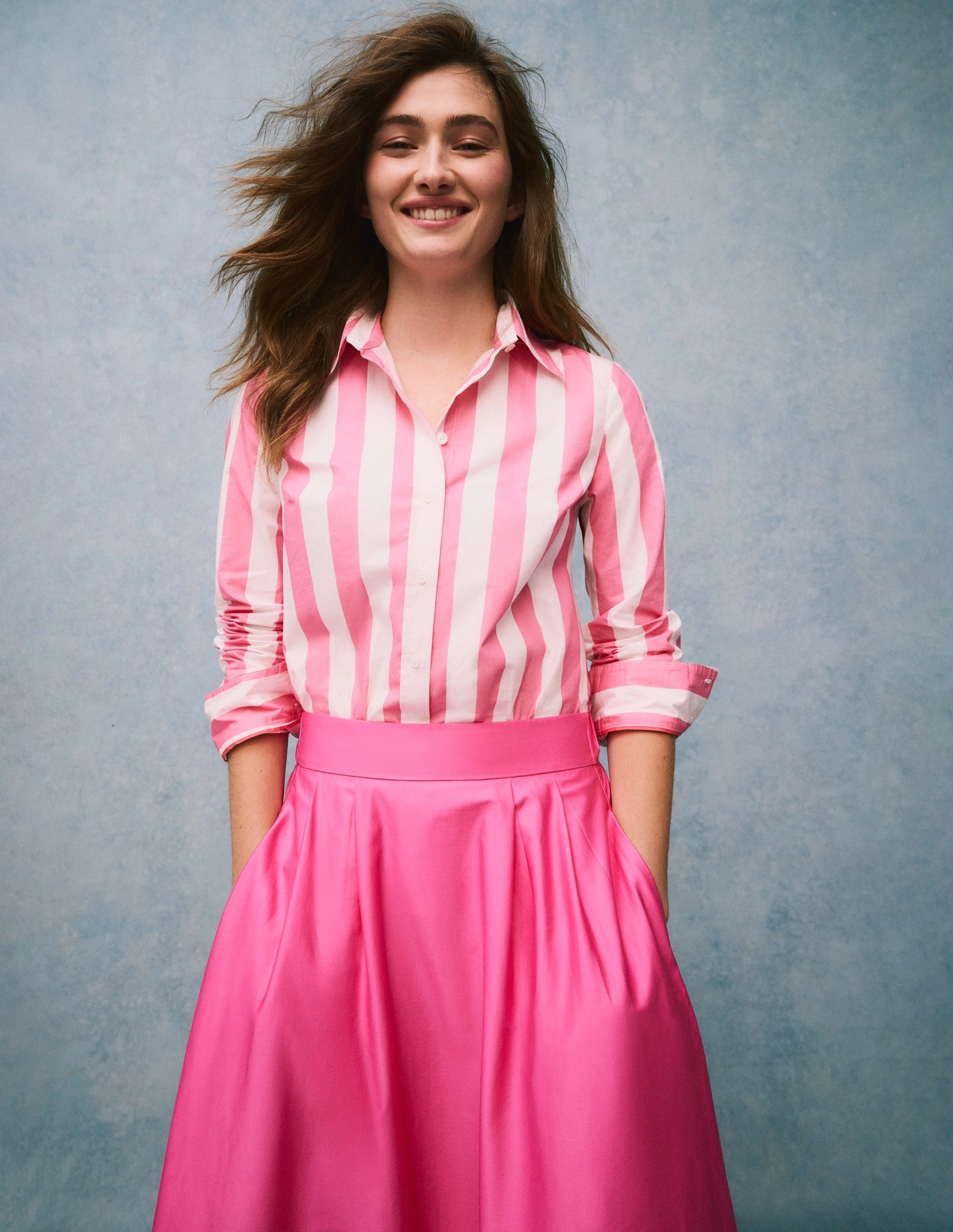 Stretch Woven Material Sienna Cotton Shirt-Pink Rose Wide Stripe