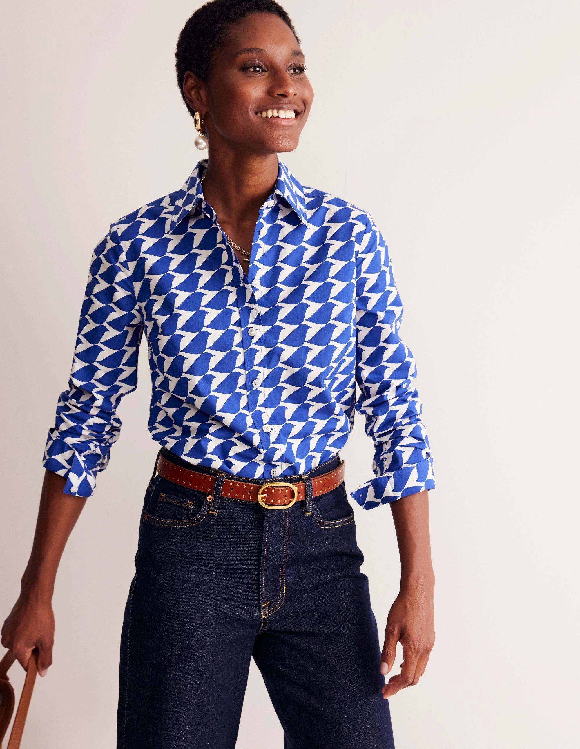 Sienna Cotton Shirt-Sapphire Blue, Birdie Relaxed Crew Neck Opening SoftFeel Fabric