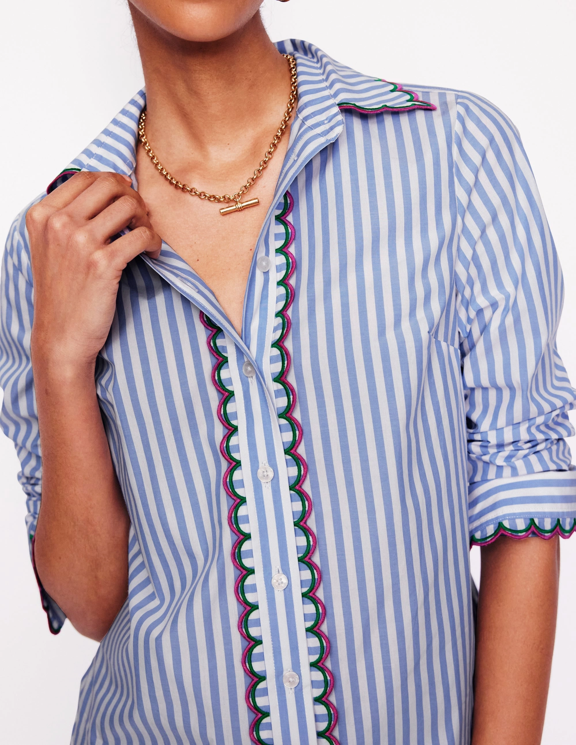 Sienna Interest Cotton Shirt-Multi, Blue and Ivory Stripe Lightweight pullover